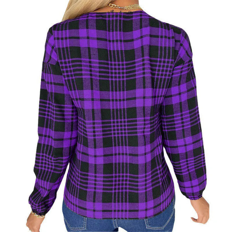 Women's plaid casual loose shirt in purple, gray, and red colours with regular sleeves