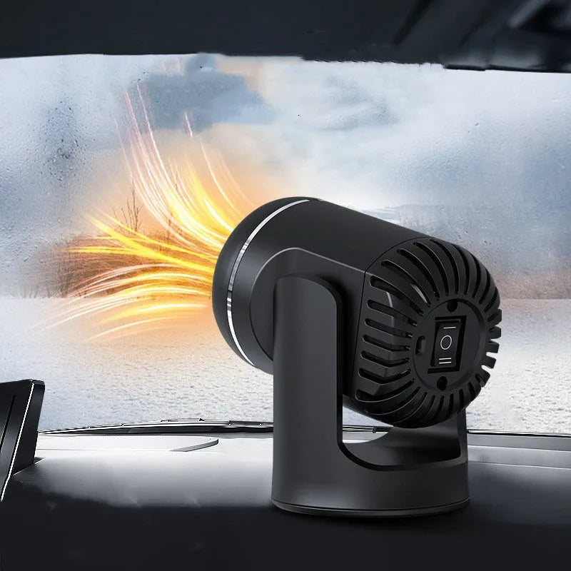 Black and white 12V car heater measuring 14x12x8cm with 1.5m power cord for defrosting and hair drying
