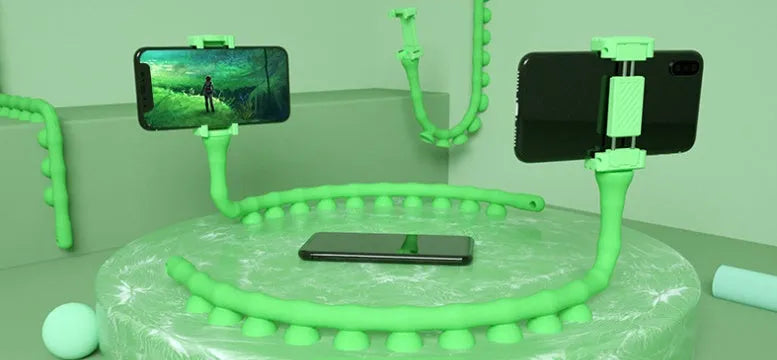 Black flexible rubber lazy bracket phone holder with suction cup base extended to show 62cm length.