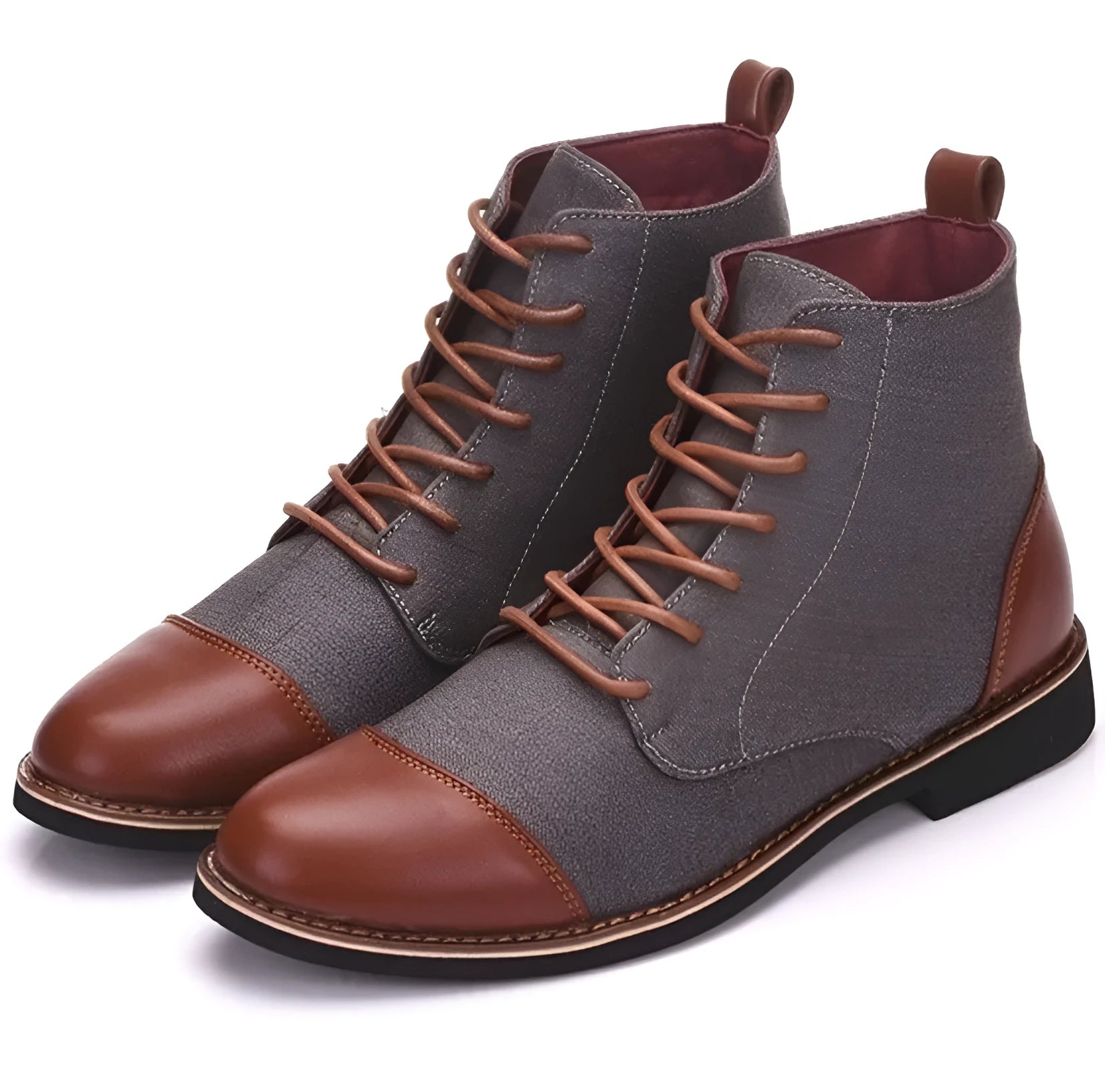 Men's black leather motorcycle boots with a silver buckle detail on a rubber sole.