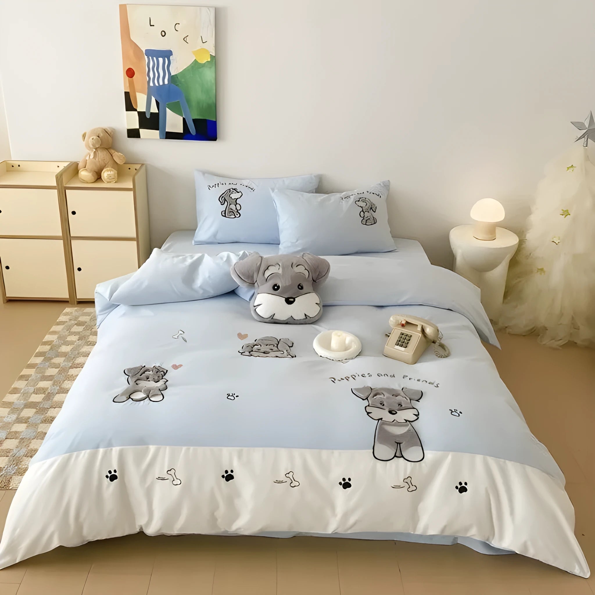 Schnauzer cartoon pattern bedding set with embroidered dog design on thickened cotton