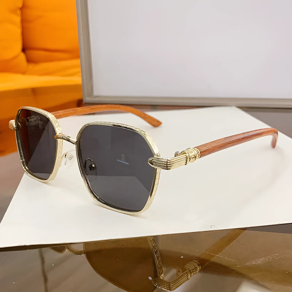 Women's frameless trim glasses with wood grain pattern alloy frame in gold colour variations