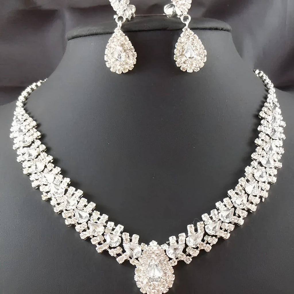 Bride wedding accessories earrings set with drop necklace on display
