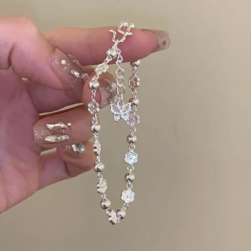 Peach blossom butterfly alloy bracelet with peach heart chain and geometric rose design