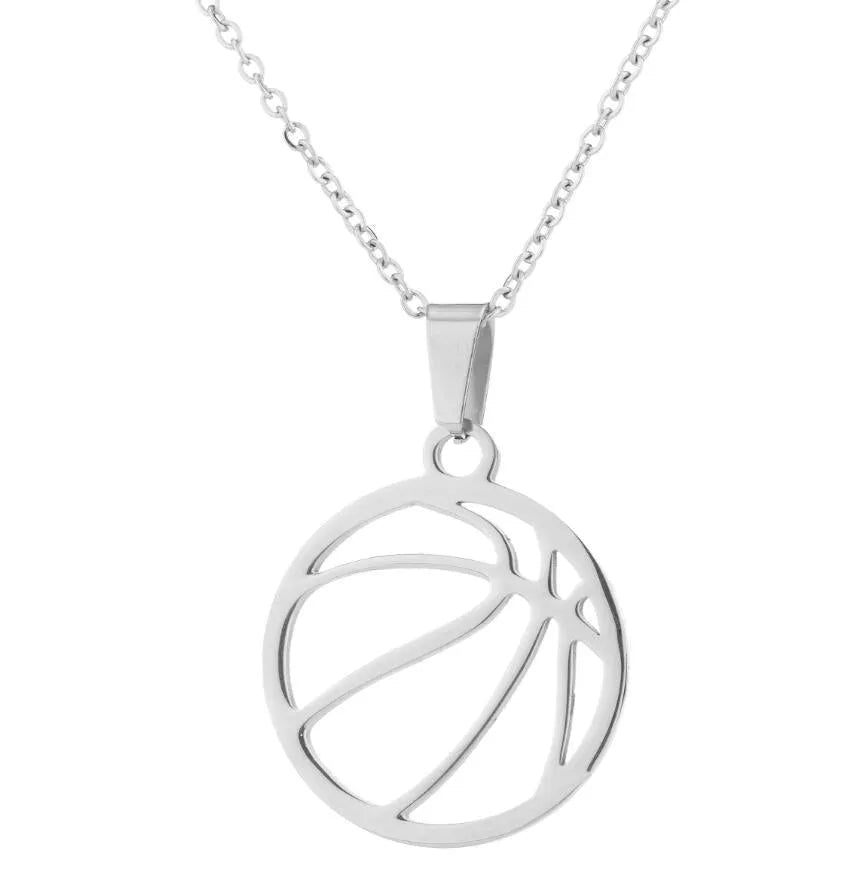 Gold stainless steel volleyball pendant necklace on display with chain and 3cm extender