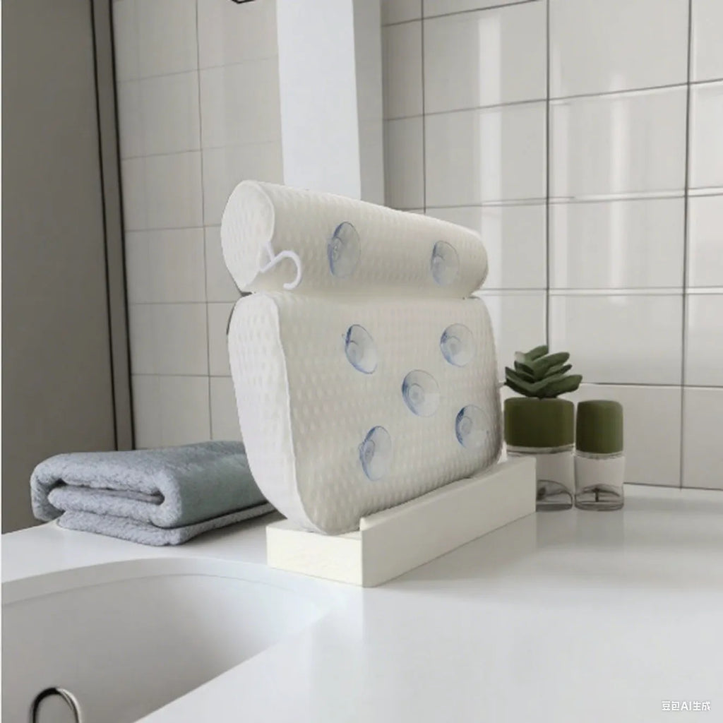 White 4D mesh bathtub pillow with multiple suction cups on a light luxury styled bath mat.