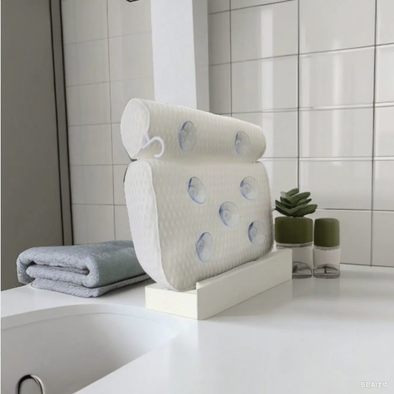 White 4D mesh bathtub pillow with multiple suction cups on a light luxury styled bath mat.