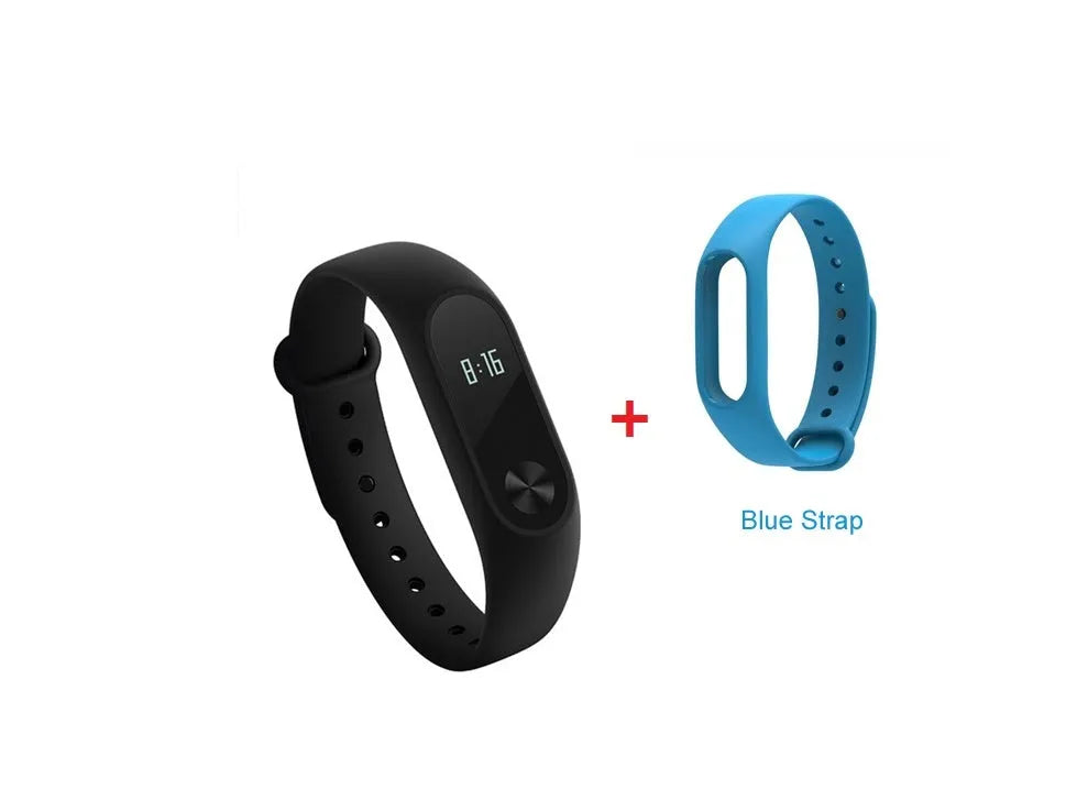 Xiaomi Mi Band 2 black fitness tracker on wrist showing OLED display