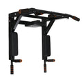 Black wall-mounted sandbag rack with integrated parallel pull-up bars for fitness training