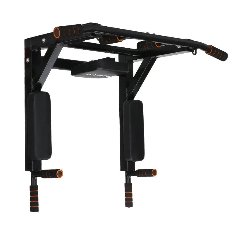 Black wall-mounted sandbag rack with integrated parallel pull-up bars for fitness training