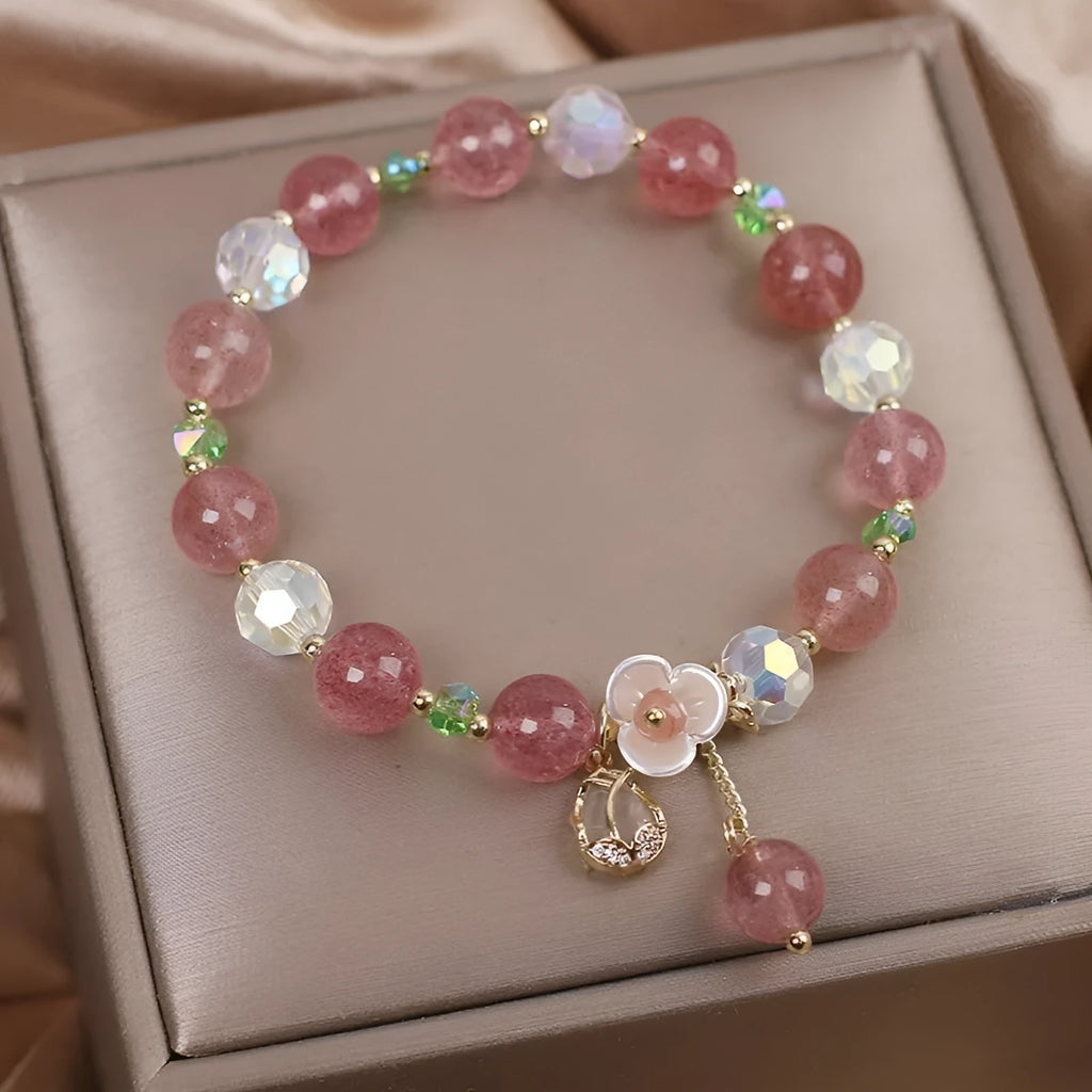 Red lucky cat charm crystal double layer bracelet with elastic closure