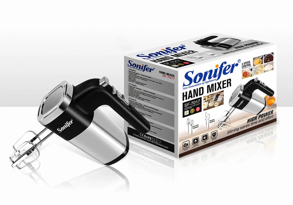 White 500W 5-speed electric hand mixer with beaters and dough hooks on a kitchen counter
