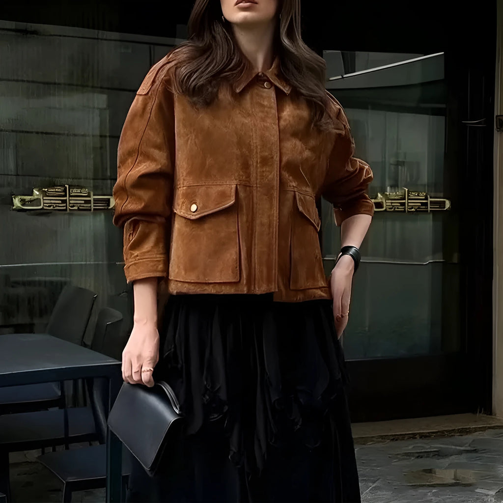 Women's street chic suede coat with regular sleeves in bright brown colour option