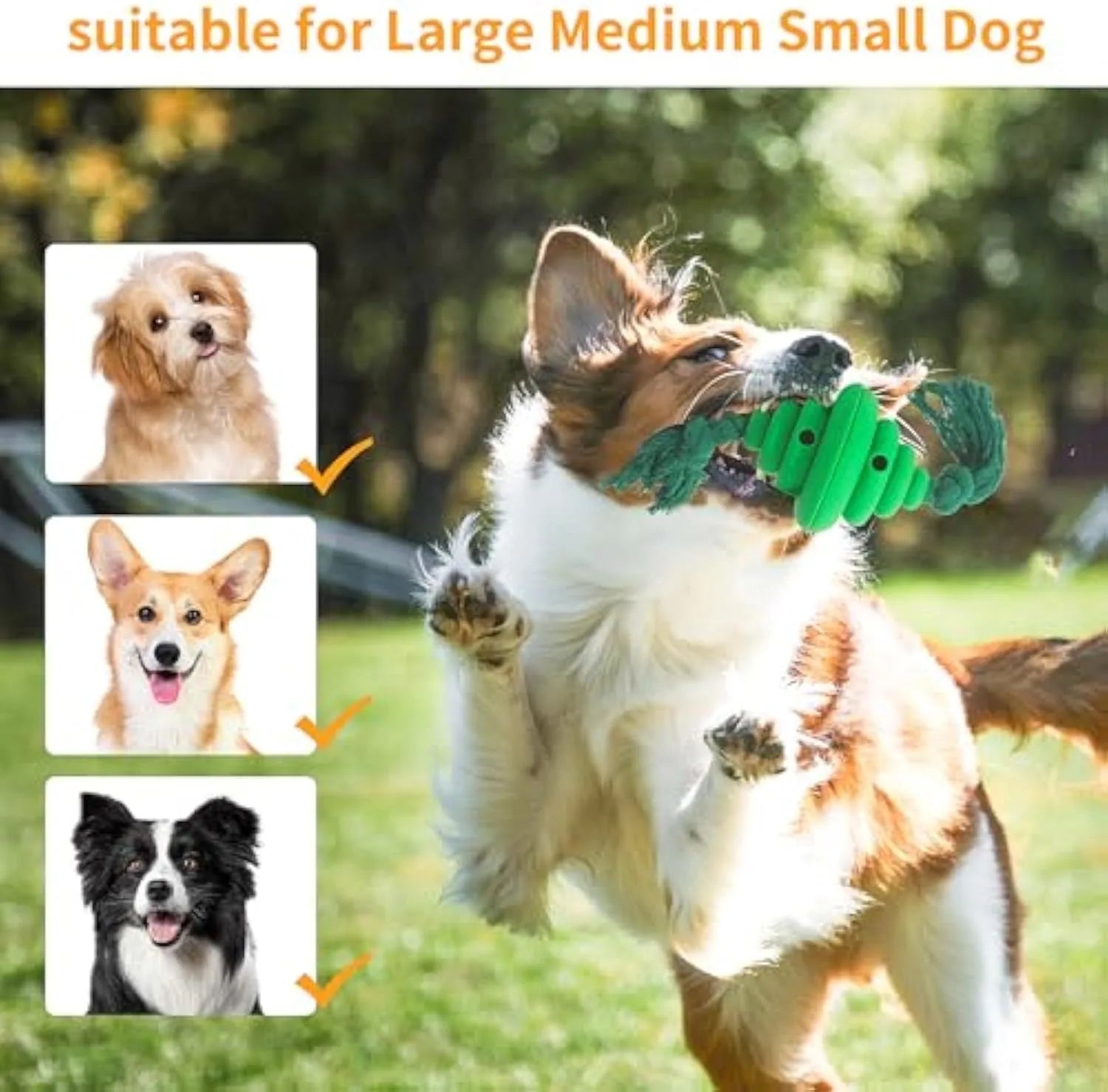 Green and yellow silicone dog ball with rope knot, showing spiral design for treat dispensing.
