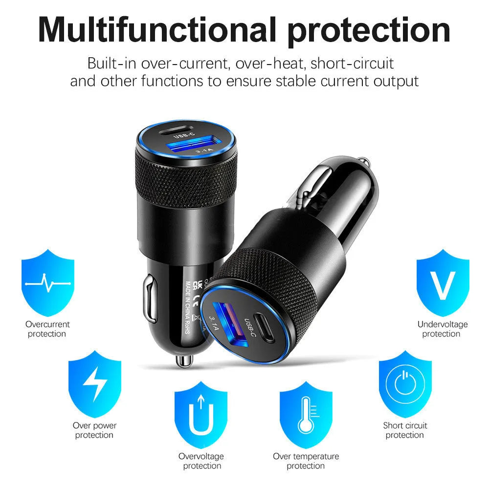Compact aluminium alloy mobile phone car charger for 12V vehicles with black or black silver finish