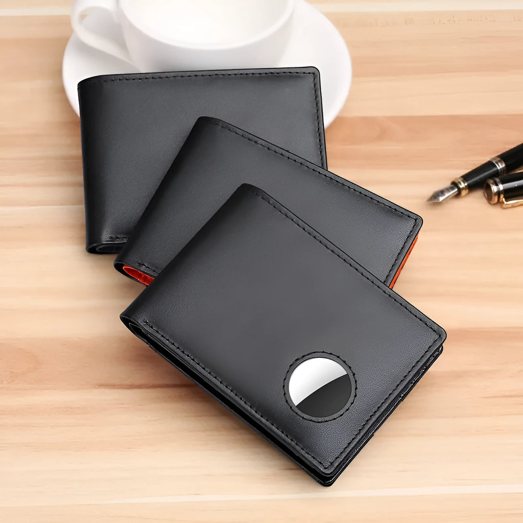 Men's leather tracker wallet made from scalp cow leather in black, showing front and card slot details