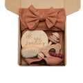 Newborn baby shower toy set of six bath toys in wood and chemical fibre, available in blue, brown, or peach