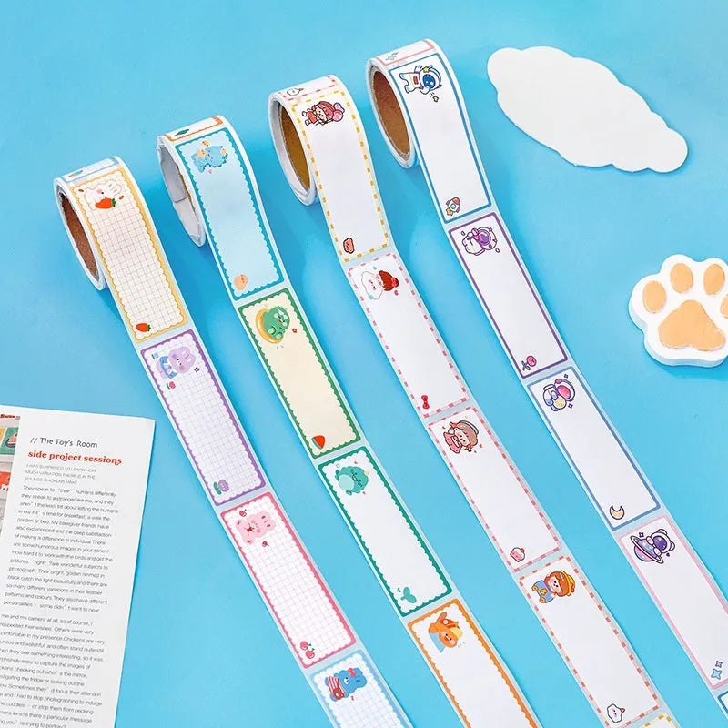 Roll of colourful cartoon name tape stickers showing Dinosaur, Astronaut, Rabbit, and Girl design options.