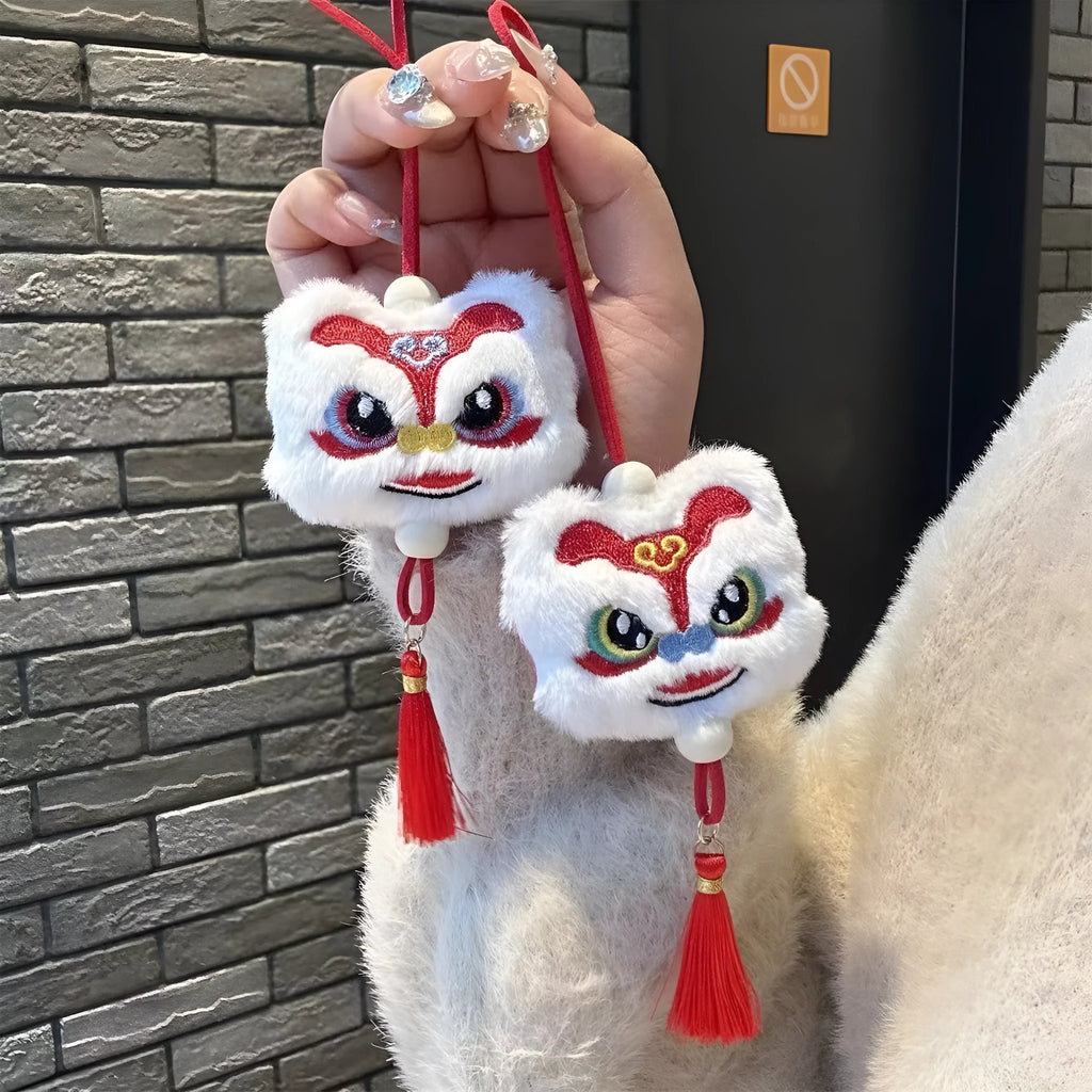 Chinese style blue plush lion keychain ornament with star stone detail and cartoon styling