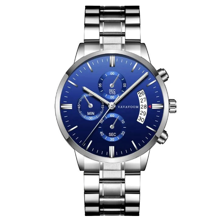 Men's stainless steel quartz watch with 43mm round dial and butterfly buckle in black and silver
