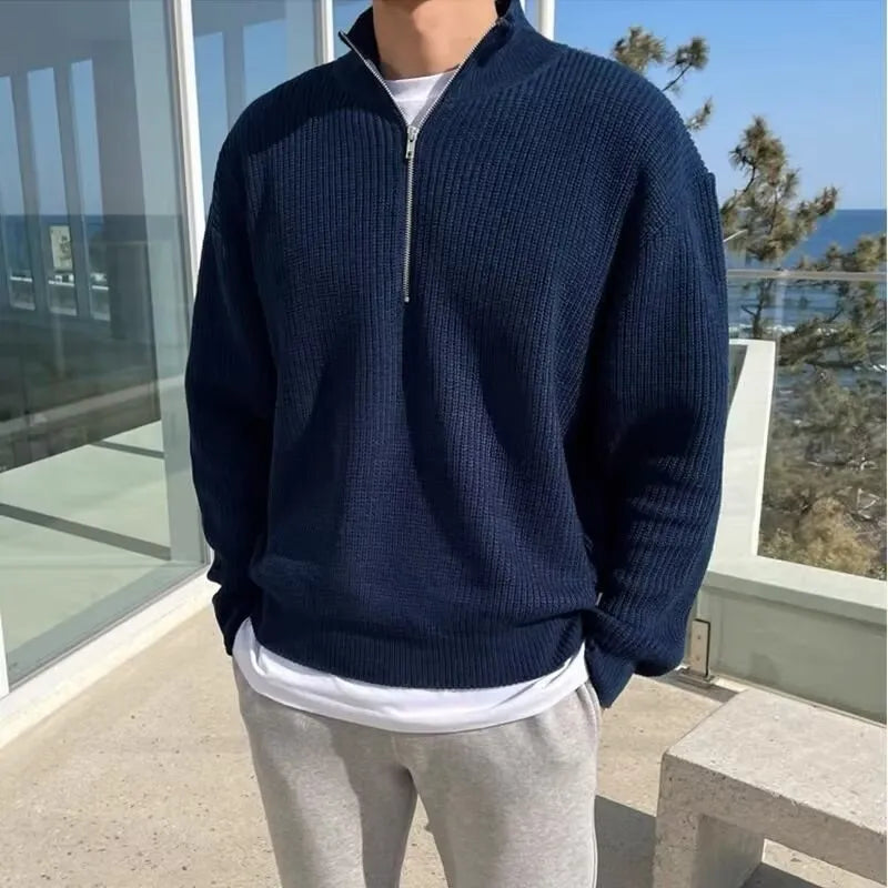 Men's loose fit half zip cardigan sweater in black, polyester blend, long sleeve