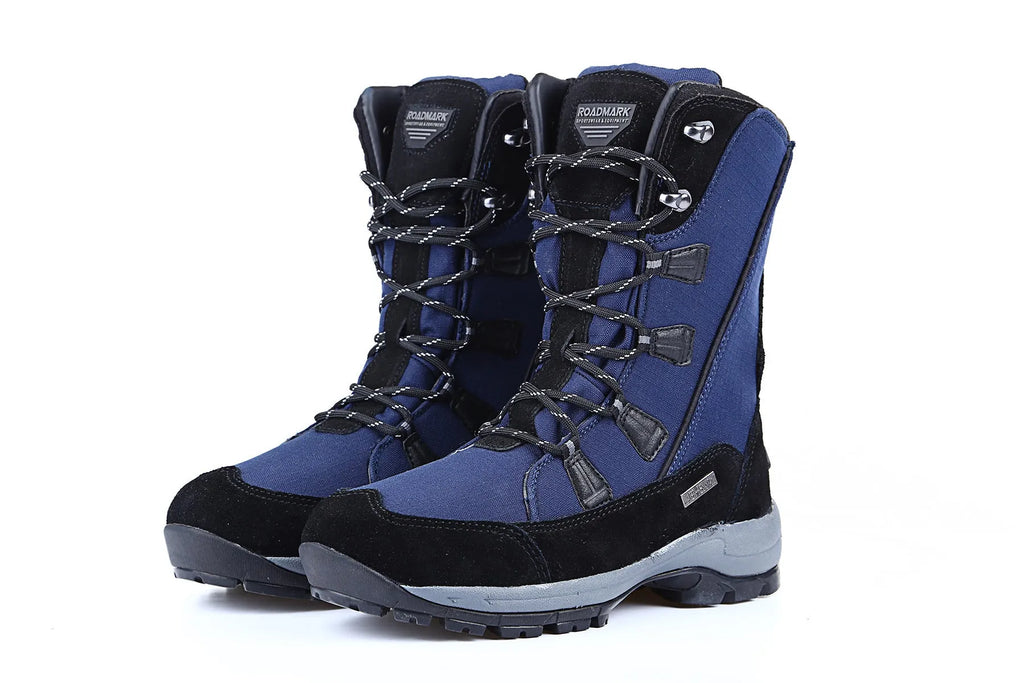 Women's genuine leather mid-calf thermal snow boots in black colour with round toe and rubber sole
