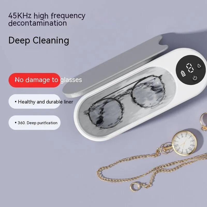 White ultrasonic glasses washing machine with compact design, USB power, and 200g weight