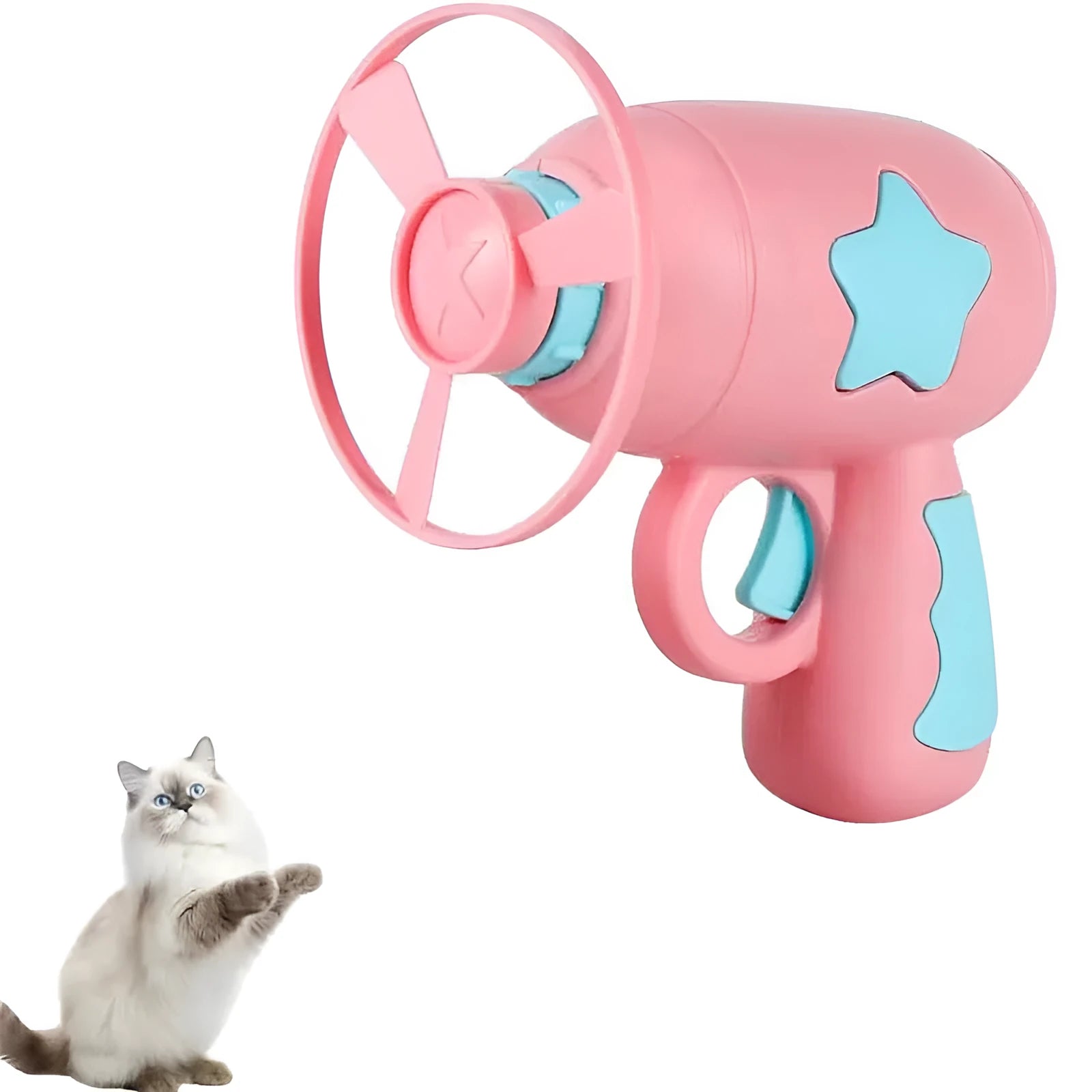 Blue interactive cat toy gun with plastic frisbee mounted ready for launching