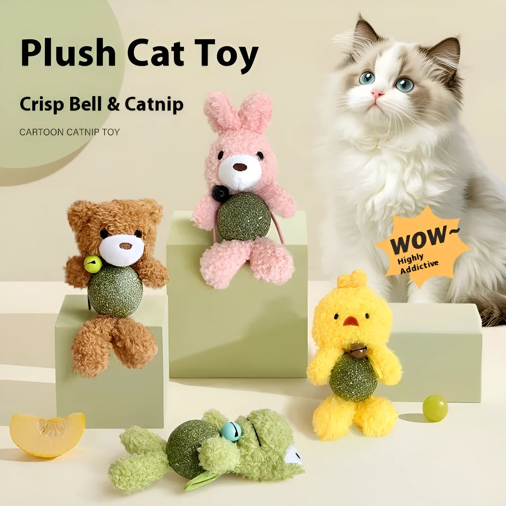 Brown bear plush cat toy with mint ball centre and bell for biting and play