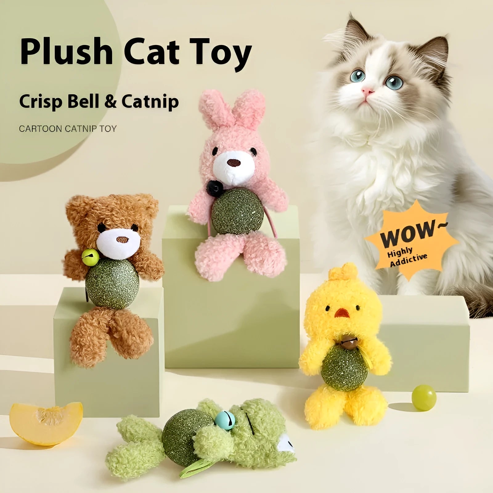 Brown bear plush cat toy with mint ball centre and bell for biting and play