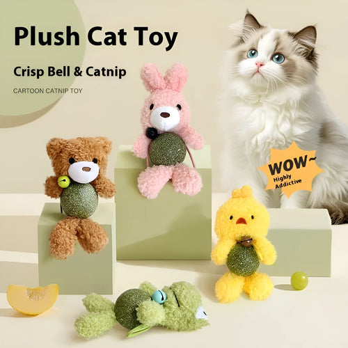 Brown bear plush cat toy with mint ball centre and bell for biting and play