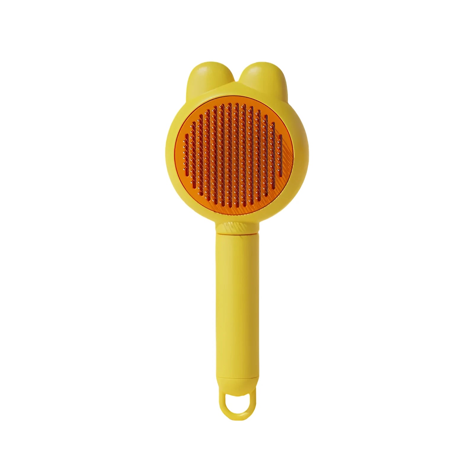 Green self-cleaning cat brush with metal comb and release button for pet grooming.