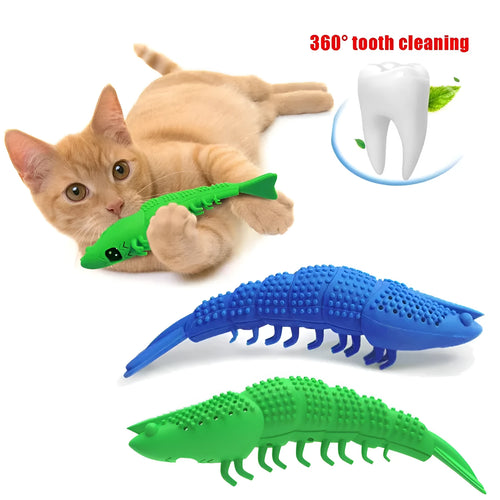 Blue hard rubber catnip toy with textured dental cleaning surface and bell inside