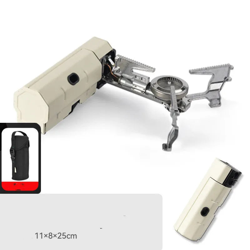 Green folding camping gas stove with adjustable valve and anti-slip feet for outdoor cooking