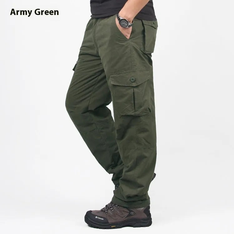 Men's cotton velvet overalls with wool lining in khaki, black, and army green colours showing loose straight leg design