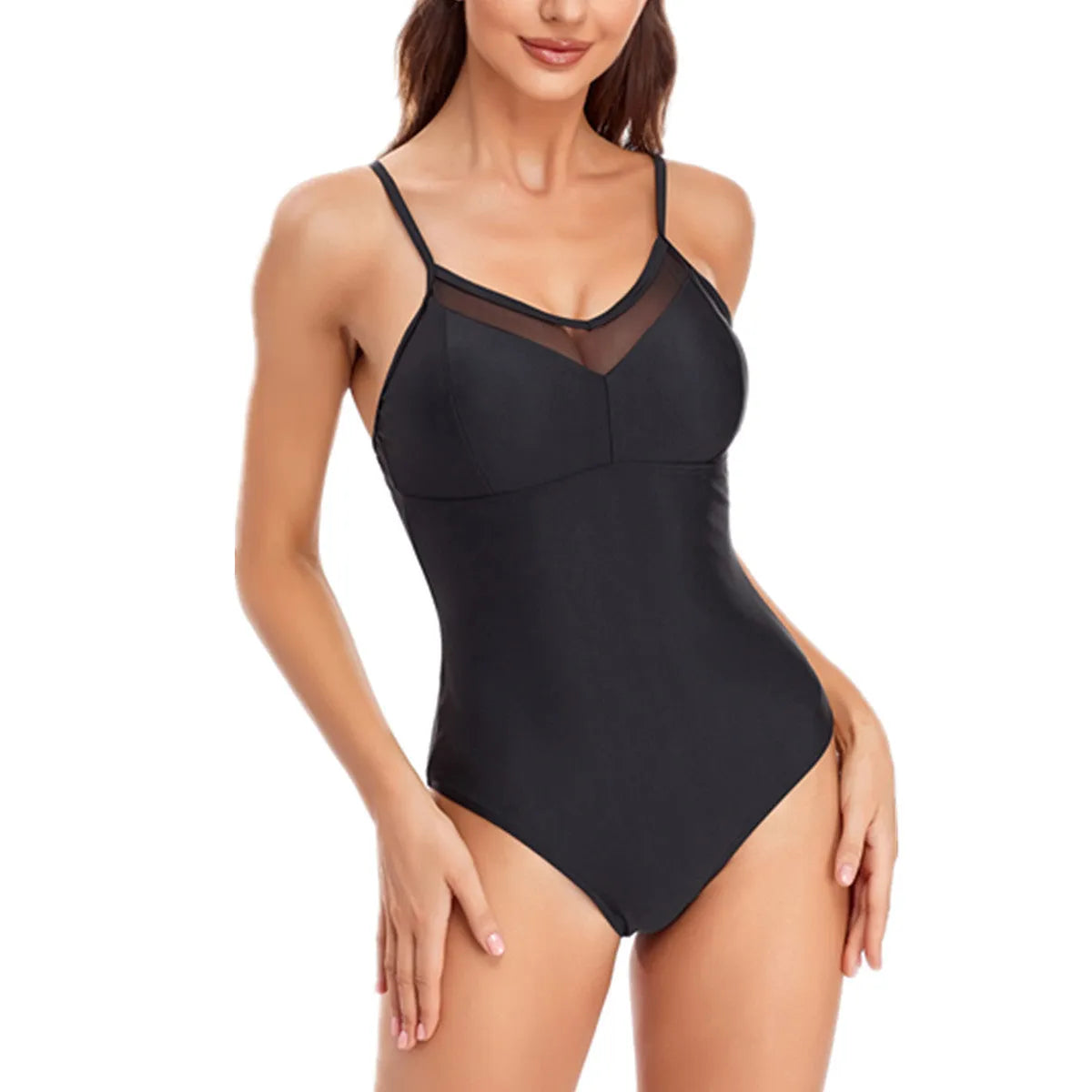 Black solid colour backless one-piece swimsuit laid flat.
