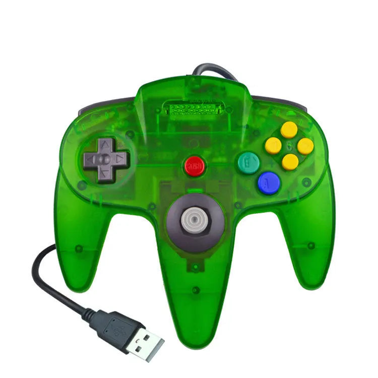 USB N64 computer game controller for PC in various colours including transparent blue, green, and red.
