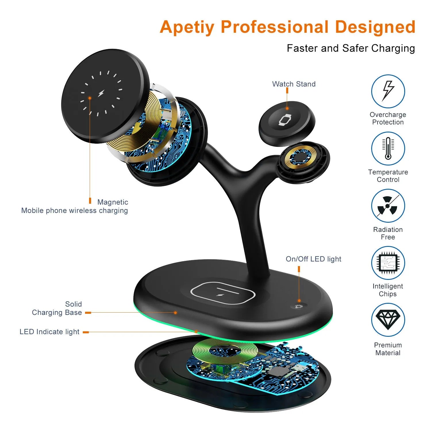 Black ABS magnetic wireless charger with three-in-one design for mobile devices