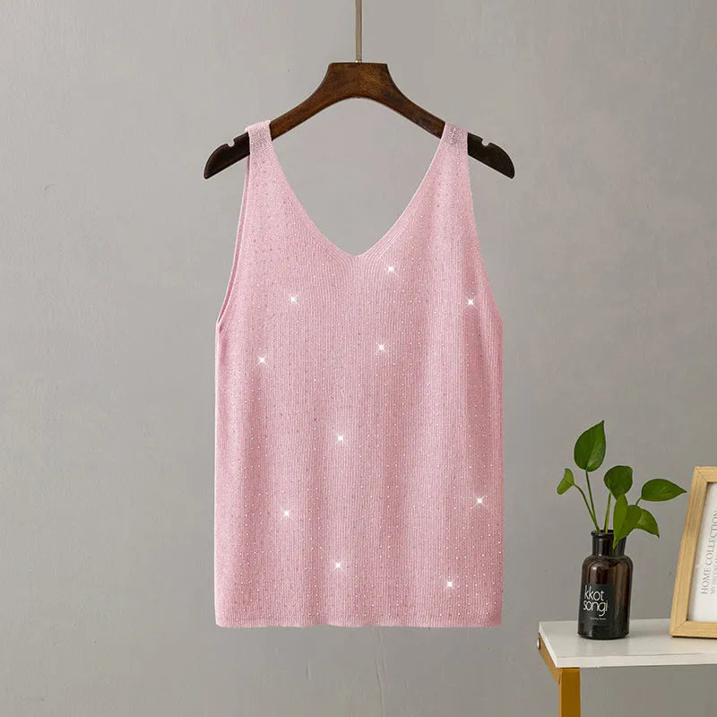 Ice silk knitted bright thread diamond-encrusted V-neck camisole in slim fit, shown in multiple colours including black, white, pink, and khaki