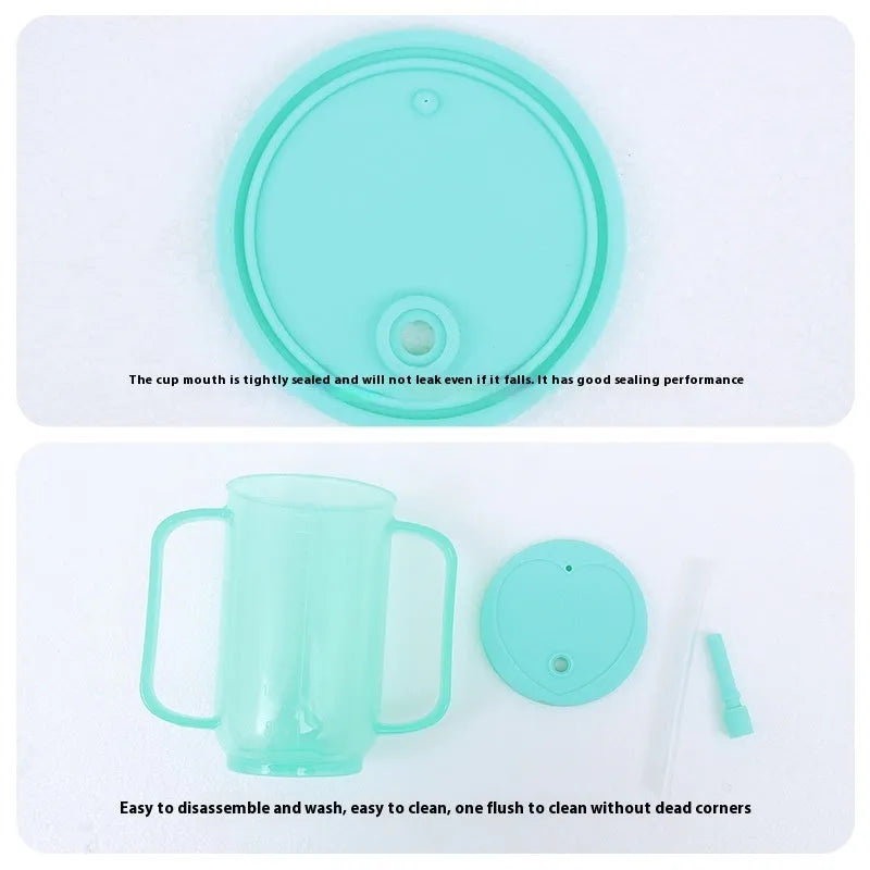 Oblique anti-choke drinking cup with handle and lid for bed use by elderly or pregnant women