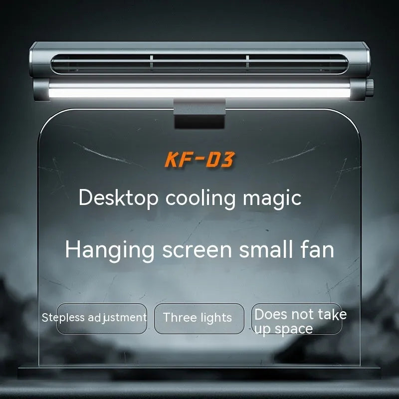 Black USB-powered bladeless clip-on desk fan with LED lighting lamp for computer screens