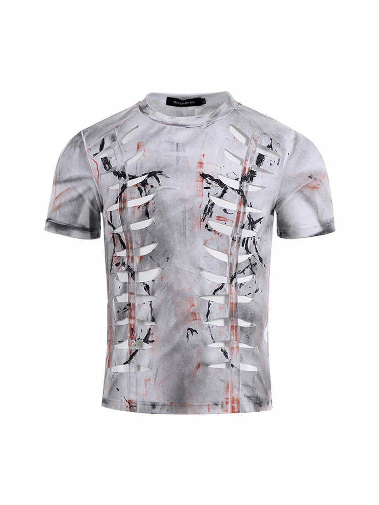 Men's white cotton t-shirt with hollow-out cut design, short sleeves, and tight fit on Asian sizing mannequin