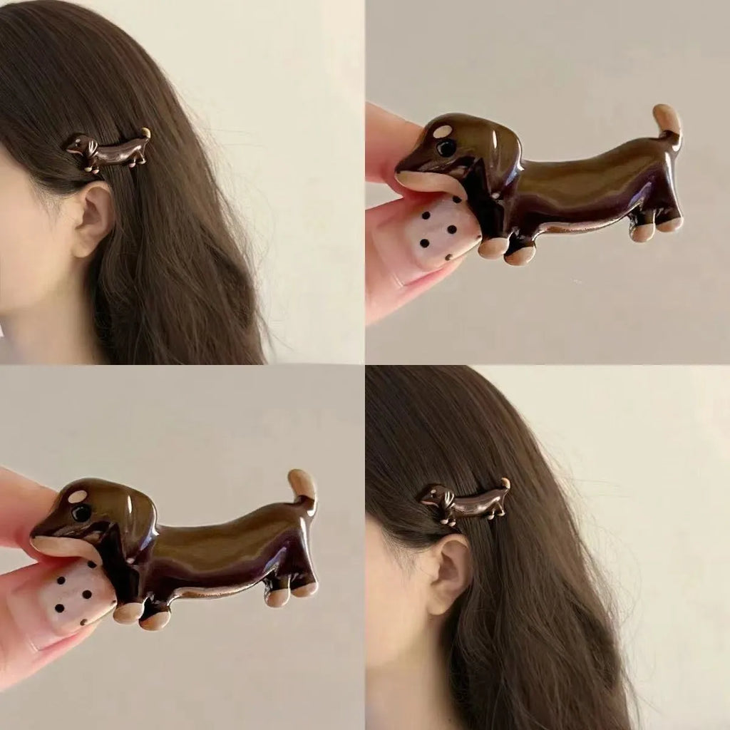 Dachshund dog shaped hair barrette clip with electroplated finish on mixed material