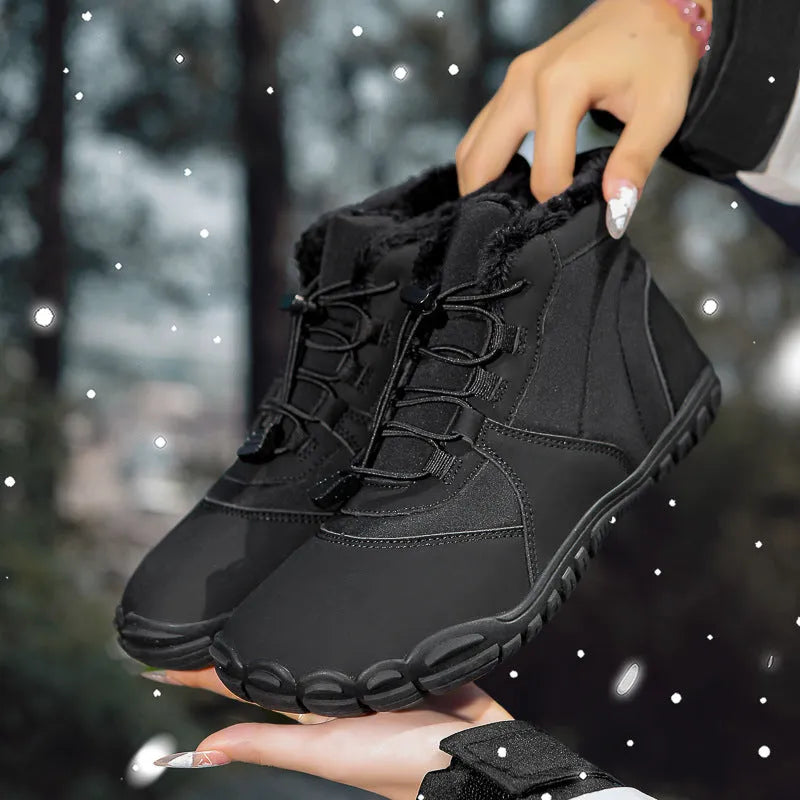 Waterproof fleece-lined snow boots with lace-up front and rubber soles in black, pink, or khaki