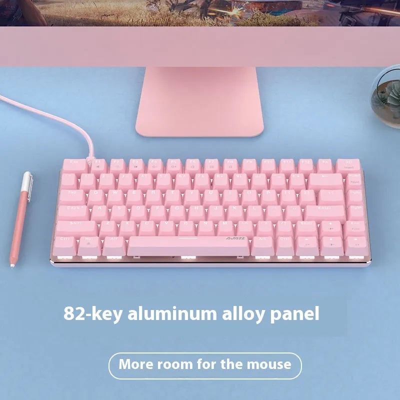 82 key mechanical keyboard with white backlight and metal casing, showing pink green and red switch options