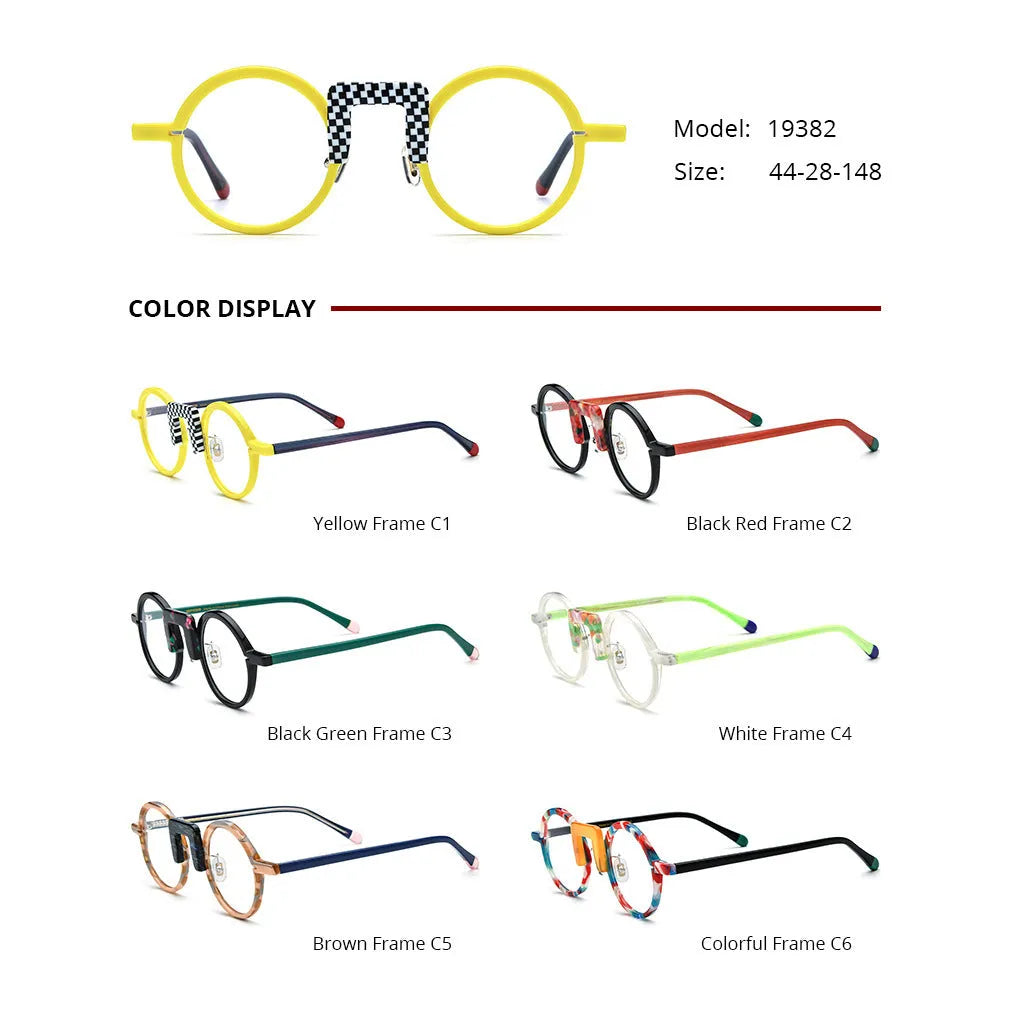 Multi-color round sheet eyeglass frame unisex for adults with 44-28-148 mm specs and plate construction