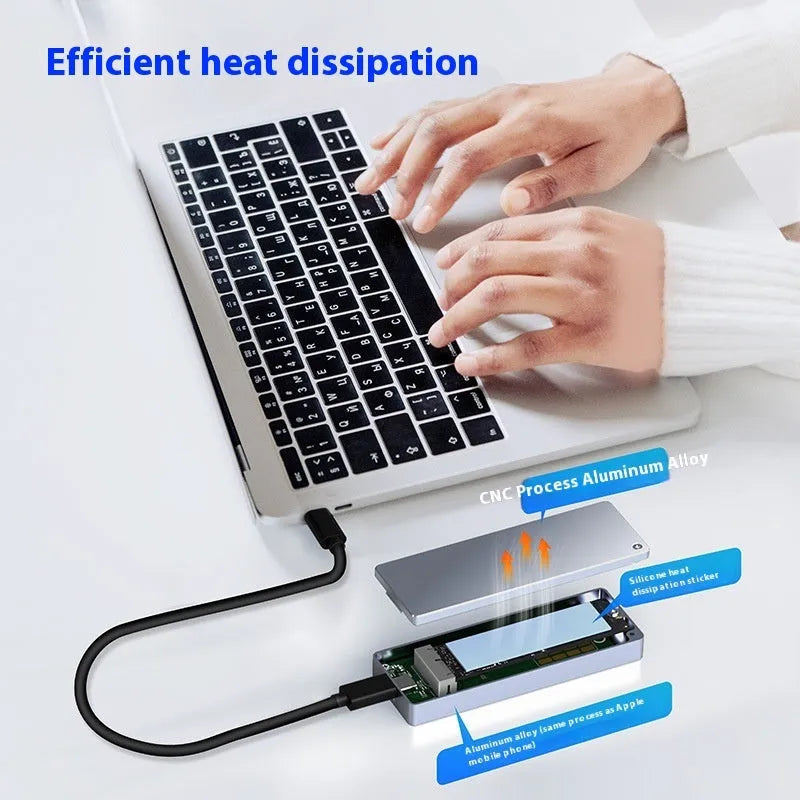 USB-C compatible M.2 AHCI SSD enclosure in aluminium alloy with screwdriver and heat pad