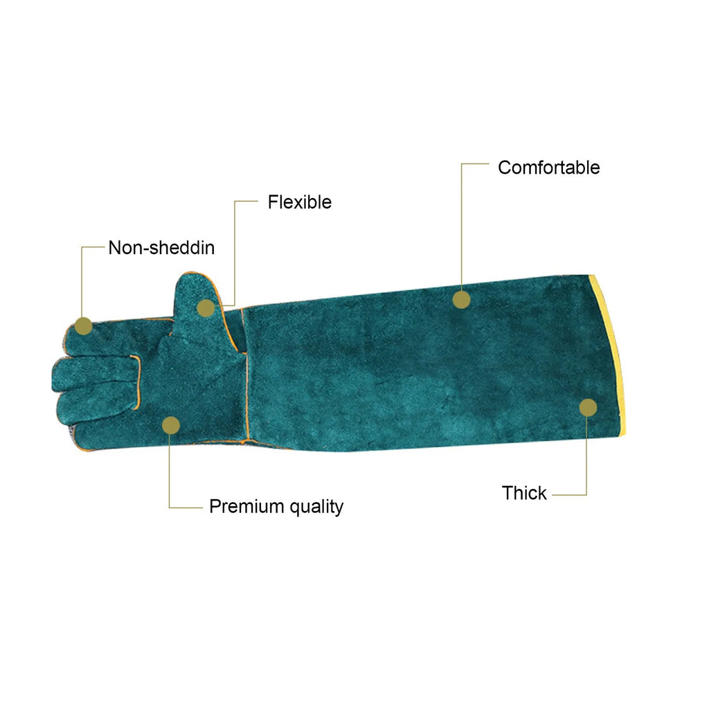 Dark green cowhide leather animal handling gloves with extended sleeve cuffs.