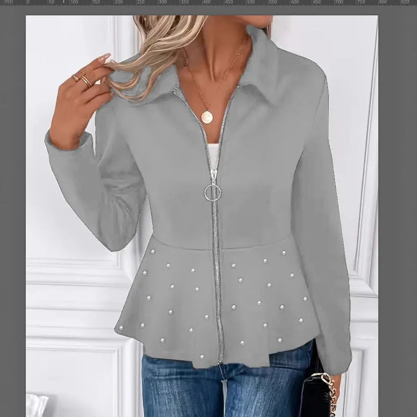 Women's black coat with beaded heavy-duty zipper and ruffled hem, loose fit with long sleeves