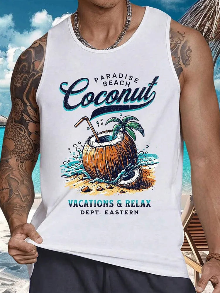 Man wearing a solid colour 3D printed Hawaiian style sleeveless vest t-shirt for casual leisure wear.